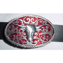 Bawół Longhorn klamra western z czerwonym tłem (id: 2422)