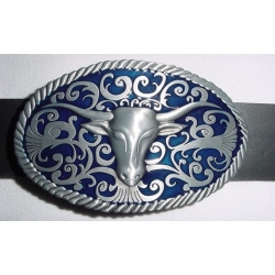Bawół Longhorn klamra western z niebieskim tłem (id: 2421)