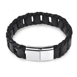 Bransoletka 19cm zaplatana ze skóry z zapięciem ze stali 316L czarna (id: 91)