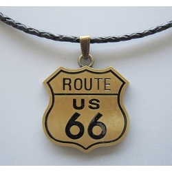 ROUTE 66  zawieszka brązowa z naszyjnikiem ze skóry naturalnej (id: 505)