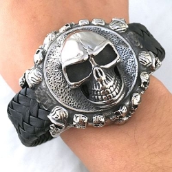 Skull czaszka bransoletka 3D ze stali jubilerskiej 316L i skóry (id: 66)