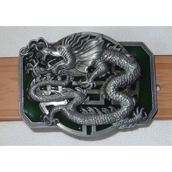 Smok dragon klamra spinka do paska stare srebro z zielonym tłem (id: 1651)