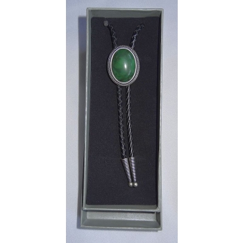 Bolo krawat western Zielony z Greenstone w owalu na plecionce ze skóry naturalnej (id: 2504)
