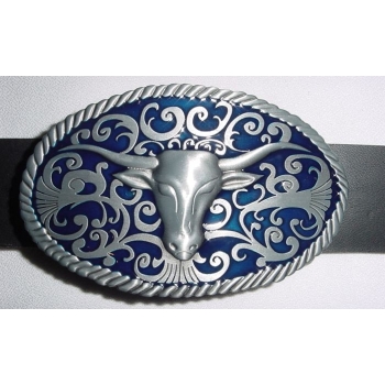 Bawół Longhorn klamra western z niebieskim tłem (id: 2421)