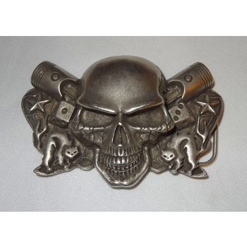 Czaszka skull tłoki koty kości duża klamra 3D stare srebro (id: 2348)