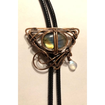 Labradoryt w mosiądzu krawat bolo rękodzieło plecionka skóra naturalna hand made (id: 1512)