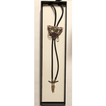 Labradoryt w mosiądzu krawat bolo rękodzieło plecionka skóra naturalna hand made (id: 1512)