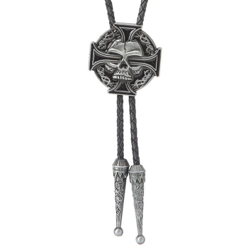 Czaszka z krzyżem stare srebro krawat bolo chopper moto skull (id: 1119)